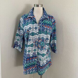 Chicos 2 Womens Large Multicolor Button Up Shirt 3/4 Sleeve Pocket Blouse Top